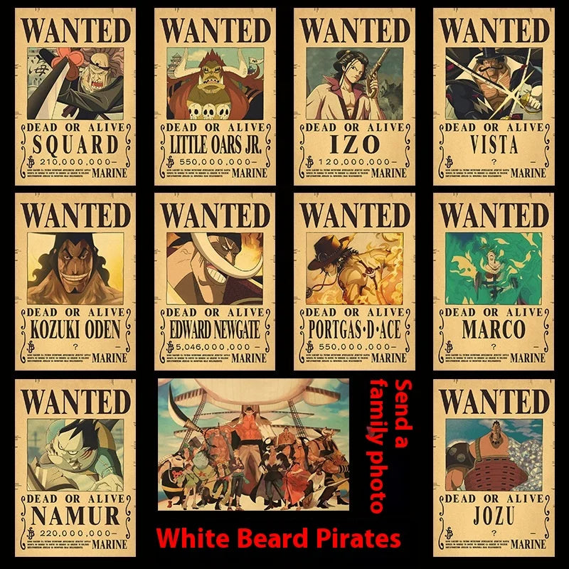 One Piece Wanted Reward Order Poster - Luffy Straw Hat Group, Four Emperors, Seven Martial Seas